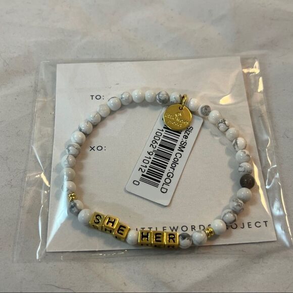 Little Words Project Bracelet She Her Stretch Beaded Gold Marble Neutral Casual - Picture 1 of 4